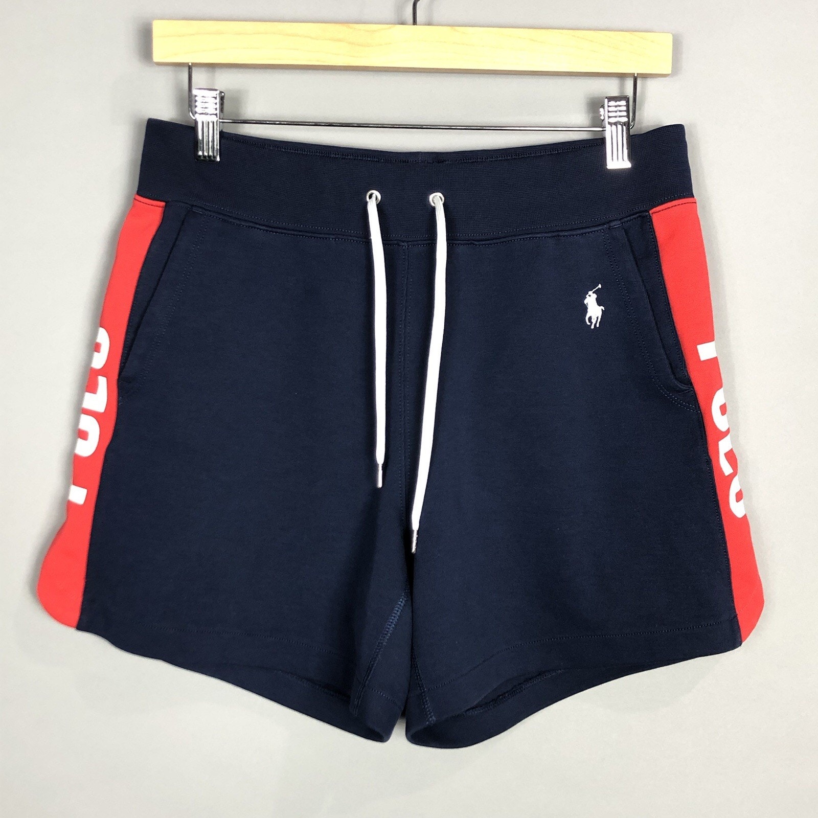 Polo Ralph Lauren Womens Terry Sweat Shorts Sz S Navy Blue Red Pony Logo